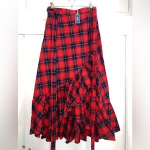 Kiel James Patrick Apple Pie Skillet Ruffle Skirt Wrap plaid red tartan cotton.